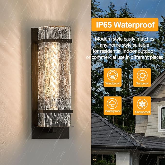 Black Outdoor Wall Light, 13.4in Exterior Waterproof Lanterns,Porch Sconces Wall Mounted Lighting with E26 Sockets & Textured Glass Shades, for Garage,Doorway,Patio,Front Door