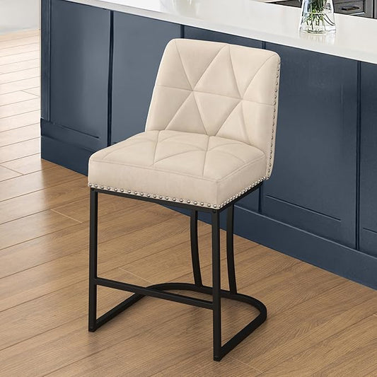LUE BONA 24" Bar Stools Set, Counter Height Bar Stools with 5.5" Thick Cushion, Upholstered Leather Barstools with Metal Frames for Kitchen Island, Dining Room, Apricot Grey