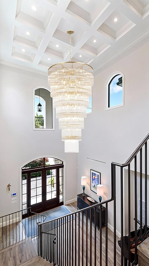 48 Light Staircase Crystal Chandeliers H68 W39 Modern Contemporary Elegant 7-Tier K9 Crystal Glass Chandelier Pendant Ceiling Lighting Fixture for Entryway