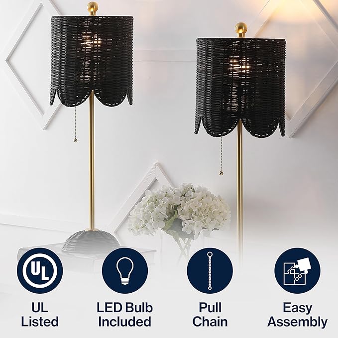 JONATHAN Y 27.5" Black/Brass Gold Coastal Buffet Table Lamp Set of 2 for Bedroom, Boho Table Lamps with Natural Rattan Scalloped Shade, Pull Chain, LED Bulbs Included (JYL1138C-SET2)
