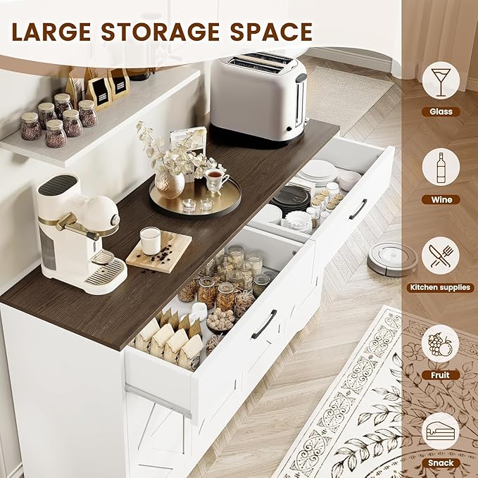 Sideboard Buffet Cabinet with Storage, Large Kitchen Storage Sideboard with Drawers & Doors, Modern Wood Farmhouse Coffee Bar Cabinet, Buffet Table for Kitchen, Living Room, White, 15.1"*55.1"*31.8"