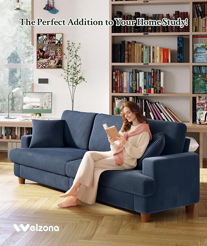 Welzona 87.2" Couches for Living Room, Comfy Blue Couch 7.5" Extra Thick Cushion, Sofas for Living Room Tool-Free Setup, Loveseat Sofa 848lbs Support, Corduroy Couch for Bedroom, Apartment, Office