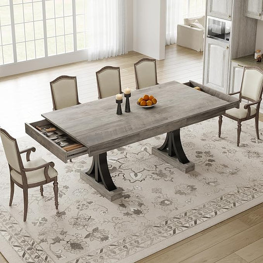Garvee 71-Inch Wooden Dining Table with 2 Drawers, Rectangular Dining Table w/Large Tabletop & Double Pedestal, Large Kitchen Table for 6-8 with Sturdy Frame, for Dining Room, Kitchen, Rustic Gray