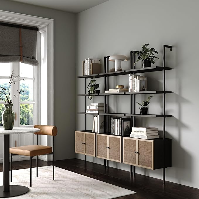 Nathan James Theo Modern Bookcase with Rattan Cabinet in Matte Black and Light Oak Finish with Matte Black Metal Frame for Living Room, Home Office Storage, Set of 3