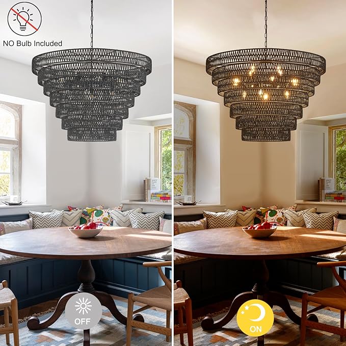Hand-Woven Rattan Chandelier Vintage Farmhouse 15-Lights Boho Bamboo Large Chandeliers Light Fixture 7-Tier Drum Wicker Chandelier for Dining Room, Living Room, Kitchen, E12