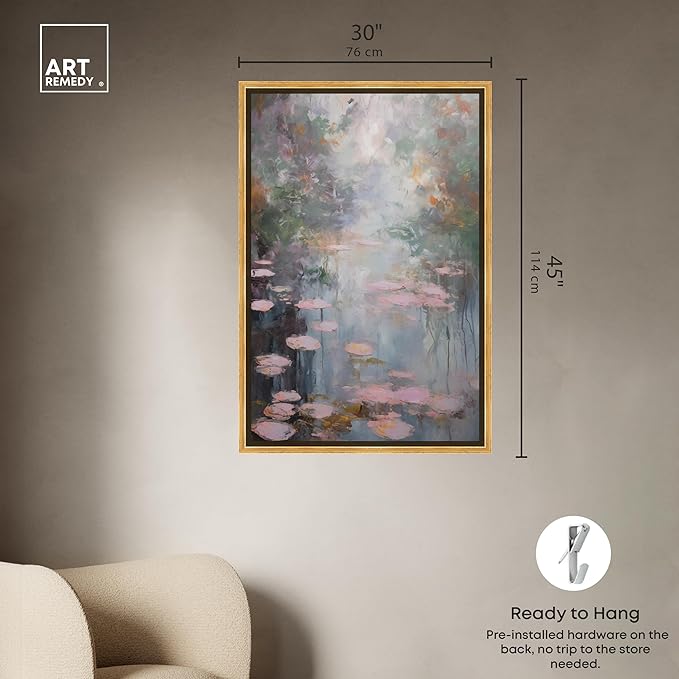 Art Remedy Pink Impressionisty Lilypads Framed Impressionism 1 Piece Canvas Wall Art/Monet And Van Gogh Inspired Art, 31.5" x 46.5", Gold Frame