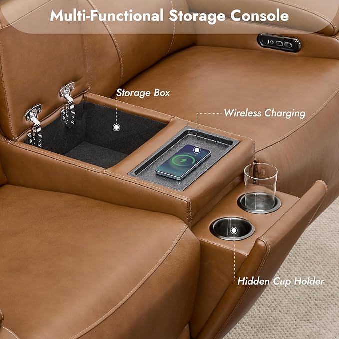 Watson & Whitely Genuine Leather Power Recliner Sofa and Loveseat Set, Zero Gravity Reclining Couch with Storage Console, Power Headrest & Wireless Charging, Cup Holders for Living Room, Saddle Brown
