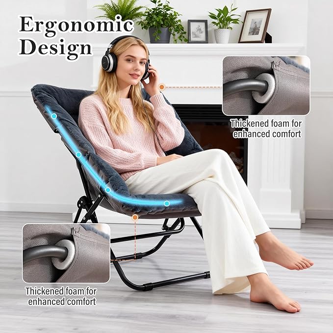 Saucer Chair, Comfy Doorm Chairs, Oversized Folding Faux Fur Chair, Foldable Metal Frame Chair, for Bedroom, Living Room, Balcony, Study, Playroom (Navy Blue)