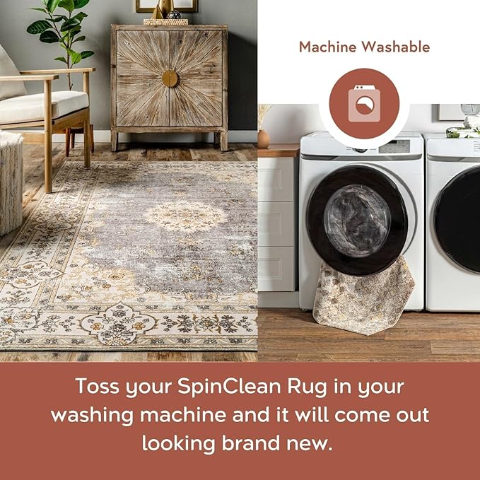 Nuloom SpinClean Ren Light Grey/Ivory, 4' x 6', Vintage Oriental, Soft and Cozy, High Traffic, Stain Resistant, Easy Clean, Durable Washable Area Rug for Bedroom, Living Room, Dining, Entryway