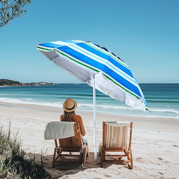 beach umbrella with sand anchor,UPF 50+protection,8 ribs, beach umbrellas for sand portable,with button tilt - multifunctional outdoor sunshade for gardens,courtyards,and beaches.
