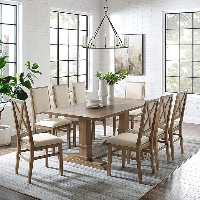 Crosley Furniture Joanna 9-Piece Modern Farmhouse Dining Table Set for 8 with Upholstered Chairs, Rustic Brown/Creme