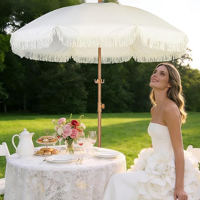 HOMEDEMO Boho Patio Umbrella with Fringe, Outdoor Tassel Umbrella with UPF50+ Sun Protection and Push Button Tilt, Premium Aluminum Pole & Fiberglass Ribs, Includes Hanging Hook