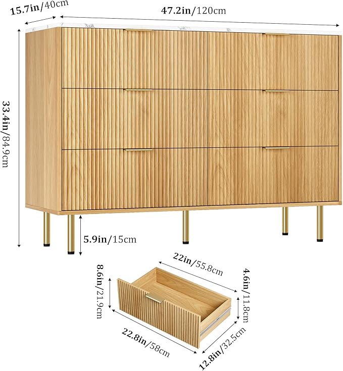 GAOMON 6 Drawer Dresser for Bedroom Chest of Drawers, 47" Wide Fluted Dresser with Drawers, Modern Wooden Double Dressers with Metal Handles for Living Room, Hallway