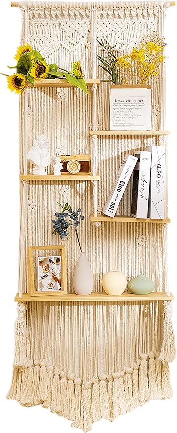 jontell Macrame Wall Hanging Shelf- Macrame Shelves Handmade Decorative Floating Boho Shelf-Plant Shelf Display Rack to Organize and Decor for Living Room, Bedroom, Bathroom…
