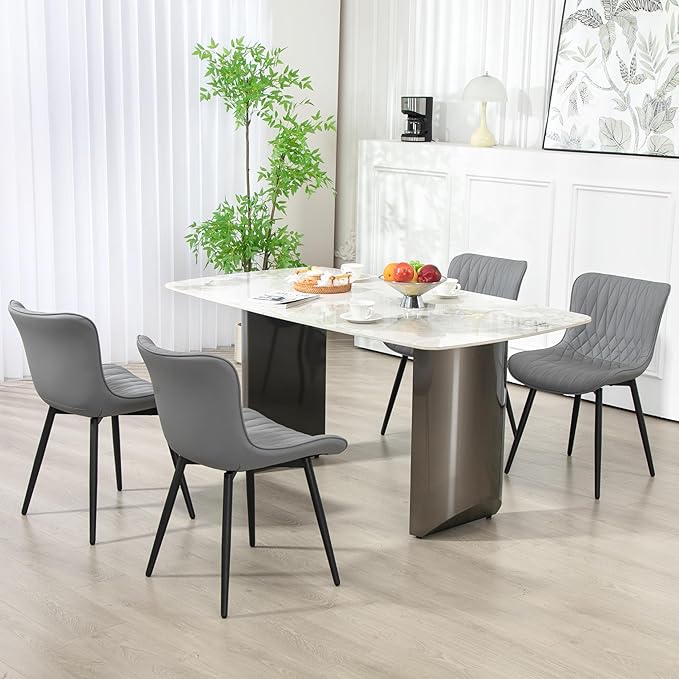 Finnhomy Dining Chairs Set of 2, Mid-Century Modern Upholstered Dining Chairs, Armless Faux Leather Accent Chairs with Backrest, Living Dining Room Chairs with Metal Legs for Dining Room, Light Grey