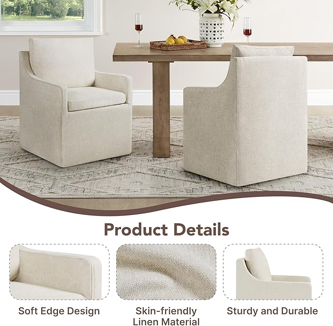 Upholstered Dining Chairs Set of 2, Modern Dining Room Chairs with Casters & Washable Cover, Rolling Accent Chair with Hidden Storage for Kitchen, Farmhouse, Living Room, Beige, 2 Box