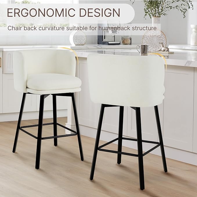 26" H Counter Height Swivel Bar Stools Set of 4, Barrel Counter Stools with Backrest, Linen Fabric Upholstered Barstools with Metal Legs for Kitchen Island,Beige