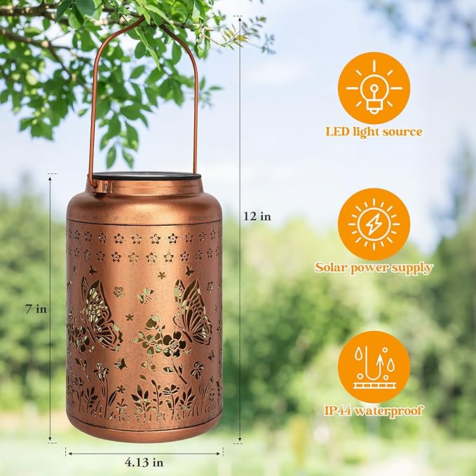 2 Packs Butterfly Solar Lanterns Outdoor Waterproof, Birthday Gifts for Women Mom Grandma, Metal Hanging Solar Lights Outside Decorations for Garden Patio Porch Backyard Garden Decor