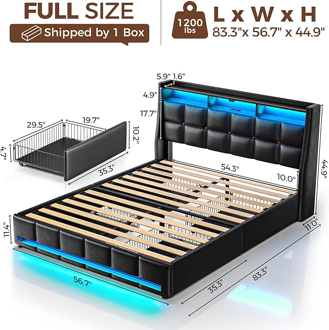 Rolanstar Full Size Bed Frame with LED Lights and Charging Station, PU Leather Bed Storage Headboard & Drawers, Heavy Duty Wood Slats, Easy Assembly, Black