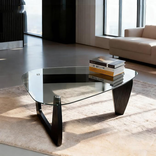 Morden Coffee Table,Glass Coffee Table with Natural Wood Legs,42.5" x 28.5" x 16" Triangle Tempered Glass Top for Living Room, Black