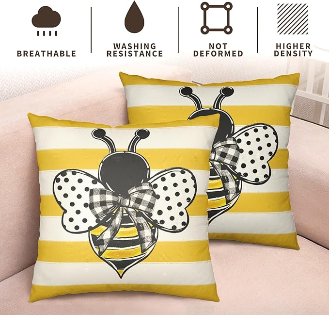 Summer Bee Pillow Covers 22x22 Set of 2 Yellow White Striped Bumblebee Pillow Cases Spring Honey Bee Holiday Decorative Cushion Case for Bed Couch Sofa
