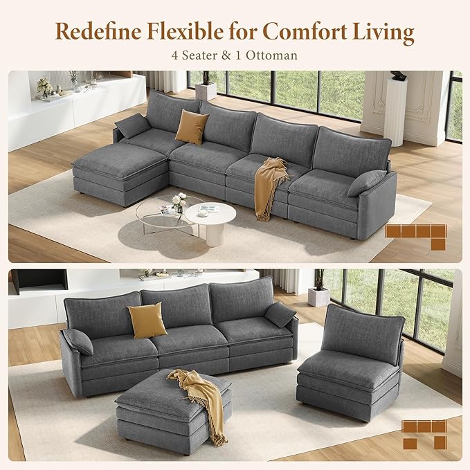 Vesgantti 142" Cloud Couch Sectional Modular Sofa, Comfy Sectional Couch with Ottoman Deep Seat Chenille L Shaped Sofa, Modular Couches for Living Room, Bedroom and Apartment, Gray | Sink-in Comfort, Height Adjustable, Easy Rearrangement, Extra-deep Ot...