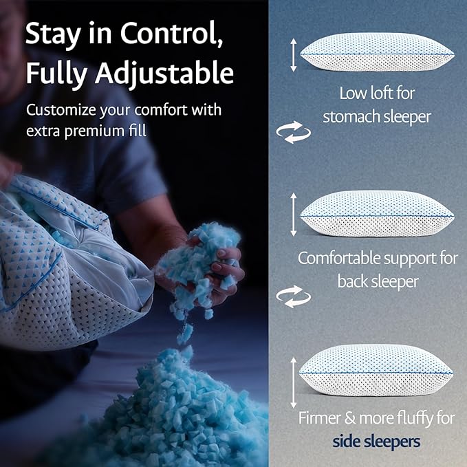 Cooling Pillows King Size Set of 2 for Sleeping, Adjustable Shredded Gel Memory Foam Cool Pillows 2 Pack for Side, Back, Hot Sleeper, Mid-Firm for Neck Pain Relief,Washable Removable Cover,CertiPUR-US