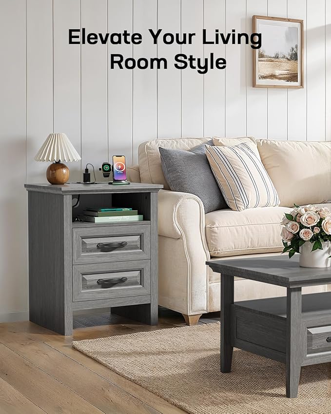 Marsail Nightstand Set of 2, Night Stand with Charging Station, Farmhouse Bedside Table with 2 Drawers, Open Shelf, Rustic End Table Storage Cabinet for Bedroom, Dark Gray