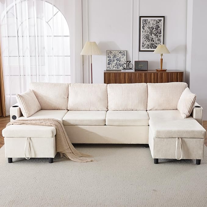 Ball & Cast 111.8" Upholstered Sectional Sleeper Sofa Bed, U Shaped Pull Out Couch with Storage Chaise,USB Ports and Two Cup Holders, for Living Room,Office, Apartment, Beige