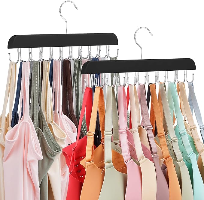 2 Pack Bra Hanger for Closet, Tank Top Hanger 40 Hooks Capacity Sturdy Wood Space Saving Sport Bras Holder, Closet Organizers and Storage, Black