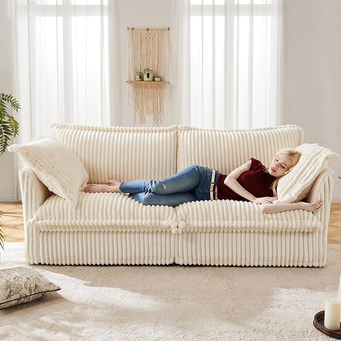 KEIKI 83" Corduroy Sectional Sofa, White Comfy Sleeper Cloud Couch Set with 2 Pillows, Modern Deep Soft Cushion Seat Sofa, Cozy Upholstered Loveseat for Apartment & Living Room, Cream