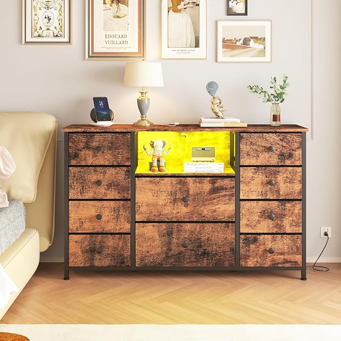 NONGSHIM Dresser with Charging Station and LED Lights, Long Dresser for Bedroom TV Stand with 10 Drawers, Fabric Chest of Drawers, Wide Storage Organizer, Rustic Brown, Dre003