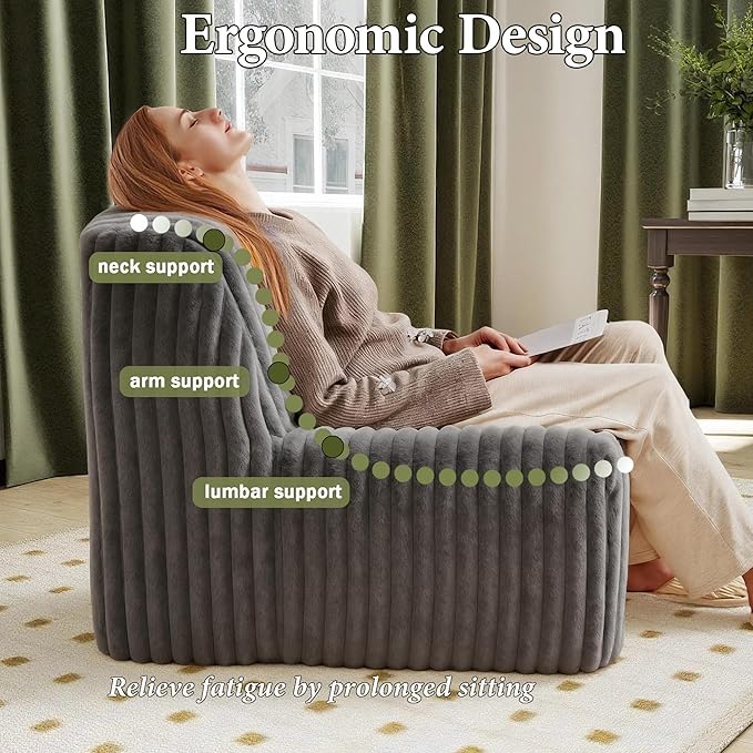 Trenda 32'' Comfy Bedroom Chair for Adult, Boneless Space-Saving Accent Chairs with with Spacious Seating, Soft Faux Fur, Ideal Floor Couch for Living Room,College, Dorm to Reading(Grey)