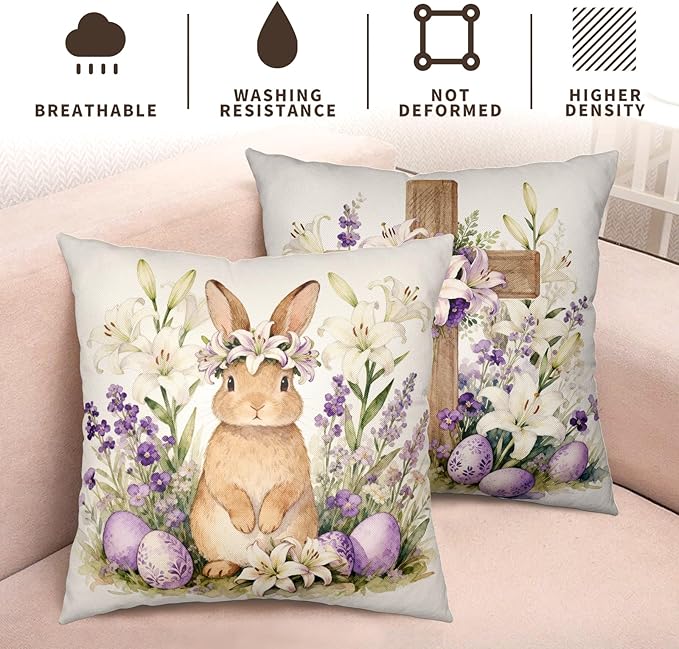 Easter Bunny Throw Pillow Covers 22x22 Set of 2 Watercolor Purple Floral Cross Pillow Covers Spring Lily Flowers Rabbit Farmhouse Decorative Throw Pillows for Home Couch Sofa Bed Porch Decor