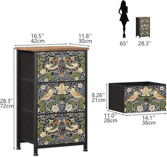 Dresser with 3 Drawers Strawberry Thief Drawer Dresser for Bedroom Vintage Nightstand Small Dressers & Chests of Drawer for Halfway Entryway Living Room Sturdy Steel Frame Wood Top, Brown