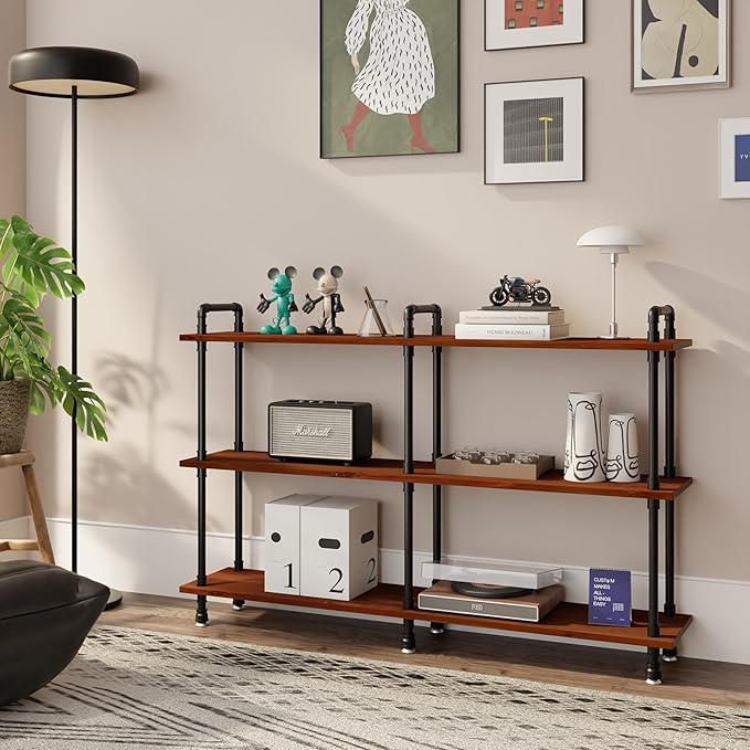 3 Tier Long Industrial Bookshelf, 3 Realwood Industrial Pipe Bookshelf for Living Room, Entry, Office (Walnut Brown, 60" L x 11.8" W x 39" H)