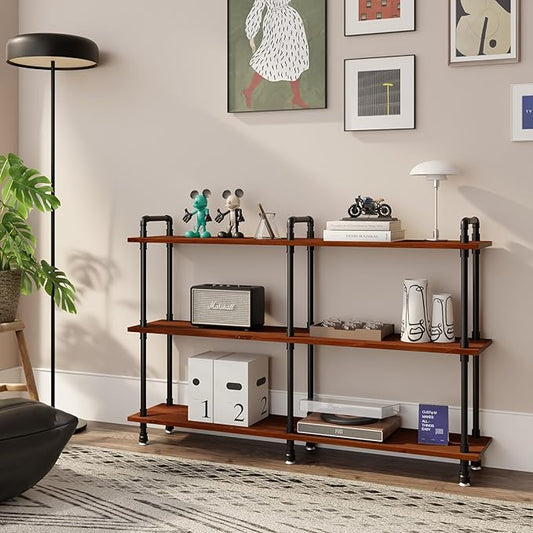 3 Tier Long Industrial Bookshelf, 3 Realwood Industrial Pipe Bookshelf for Living Room, Entry, Office (Walnut Brown, 60" L x 11.8" W x 39" H)