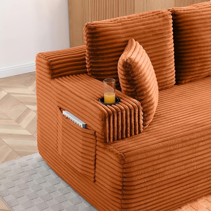 Eafurn Floor Loveseat Boneless Sofa Couch in a Box with Cup Holder and Side Pockets, 3 Seater Comfy Corduroy Upholstered Foam Couch with Deep Seating for Living Room,No Assembly | Breathable material, Cupholders