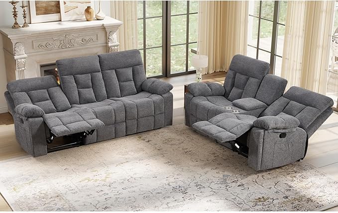 EBELLO 2 Pieces Recliner Sofa Couch Furniture Set, Overstuffed Reclining Loveseat Recliner Couch and Wide 3PC Bonded Sofa Set for Living Room, Light Grey