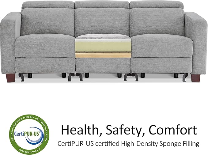 MCombo 88.6'' Reclining Sofa, Wall Hugger Power Recliner Sofa with Adjustable Headrest, USB A & C Charge Ports, Wood Legs, for Living Room (Fabric, HL198M3) (Grey, 3-Seater)