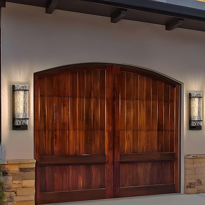 Black Outdoor Wall Light, 13.4in Exterior Waterproof Lanterns,Porch Sconces Wall Mounted Lighting with E26 Sockets & Textured Glass Shades, for Garage,Doorway,Patio,Front Door