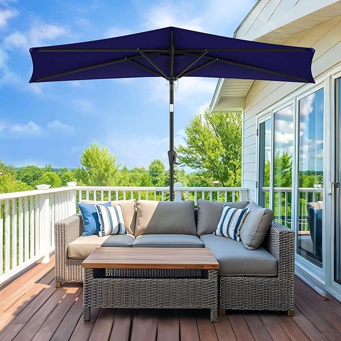 9FT Half Umbrellas Outdoor - Half Patio Umbrella with Tilt, UV Protection Waterprool, Half Round Umbrella for Wall Balcony, Pool, Porch, Garden, Deck, Backyard (Navy Blue)