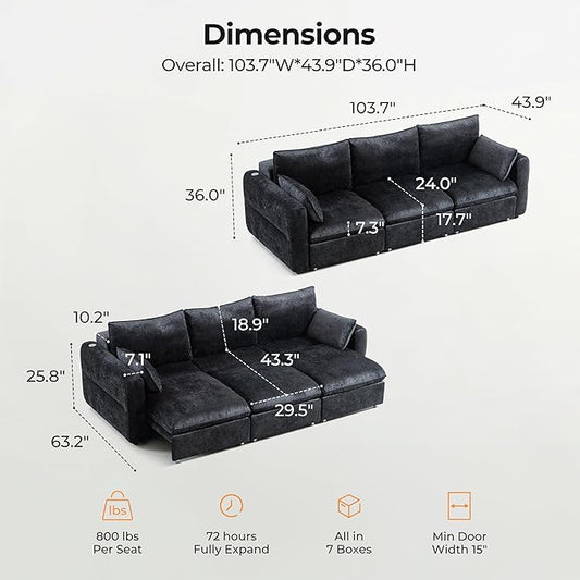103" Electric Pull Out Sleeper Sofa Bed, 2in1 Convertible Power Extendable Couch Bed with Fast Charging USB&3 Smart Motor&Wide Back, Oversized Couches for Living Room&Small Space, Velvet Dark Grey | Electric Extendable, Stepless Adjustment, Fast-Chargi...