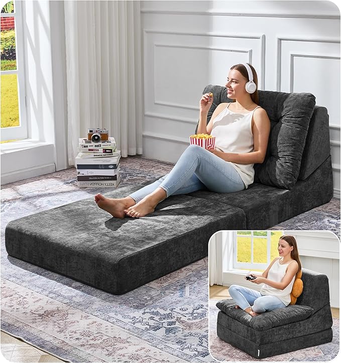 Hobestluk Sofa Couch Folding Sofa Bed Comfy Floor Lounger Convertible Sofa with Removable Cushion Couches for Small Spaces Foldable Mattress for Living Room Bedroom or Office (Chenille Grey, Large)