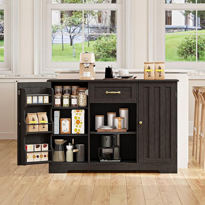 Gizoon Coffee Bar Cabinet with Door and Shelves Kitchen Hutch with Countertop, Kitchen Buffer Cabinet with Storage for Bedroom and Living Room, Black