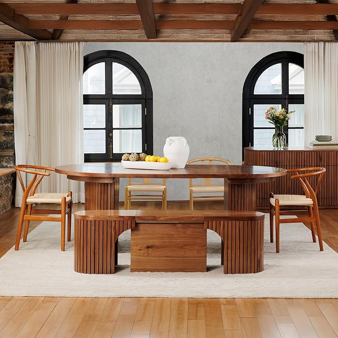 Transformer Table - Solid Wood Extendable Round Dining Table Set, Extendable Round Dining Set, Elegant and Functional Design, Perfect for Dining Room or Kitchen, Royal Brown (Table + Bench)