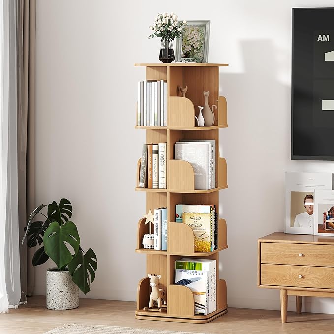 Rotating Bookshelf, 4 Tier Spinning Bookshelf Tower for Small Space, Kids Bookshelves 360 Display, Revolving Bookcase Floor Standing Storage Rack, Natural
