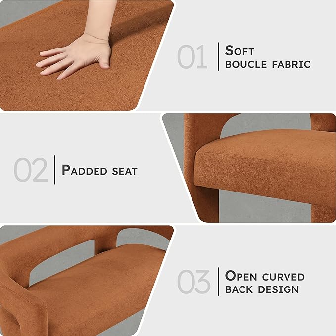 Lexicon 54.5 Inch Modern Curved Boucle Upholstered Dining Bench, Open Back Design, Soft Contemporary Accent Bench for Dining Room/Entryway, No Assembly Required, Orange