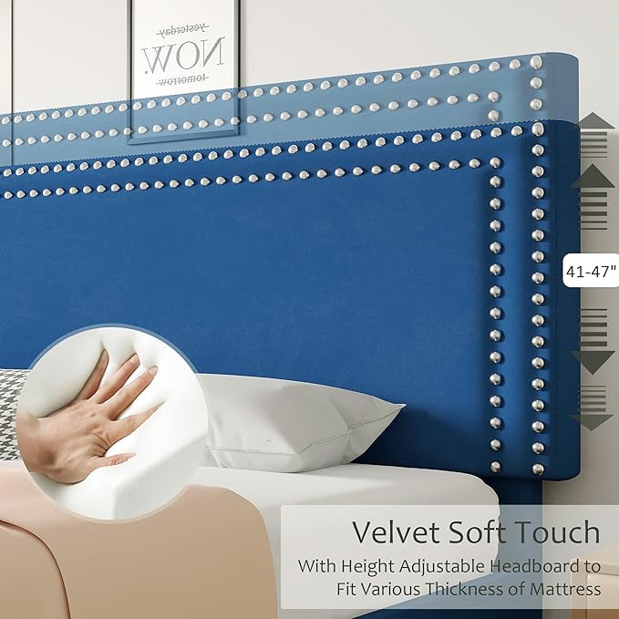 VECELO Queen Size Bed Frame with Adjustable Upholstered Headboard, Wooden Slats Platform, Noise-Free Design, Easy Assembly