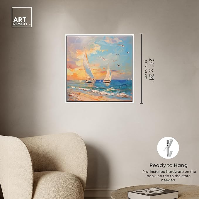 Art Remedy Sailboats In The Sunset Framed Sailing 1 Piece Canvas Wall Art, 25" x 25", White Frame